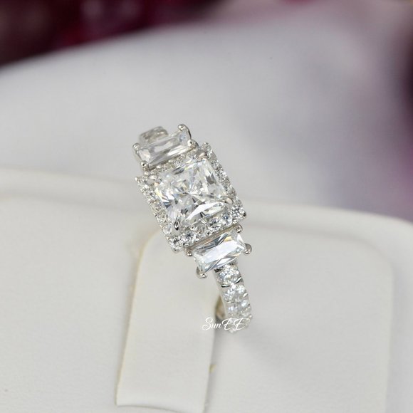 NEW 925 STERLING SILVER HALO PRINCESS DIAMOND CUT WEDDING RINGS ENGAGEMENT RINGS - Picture 3 of 5